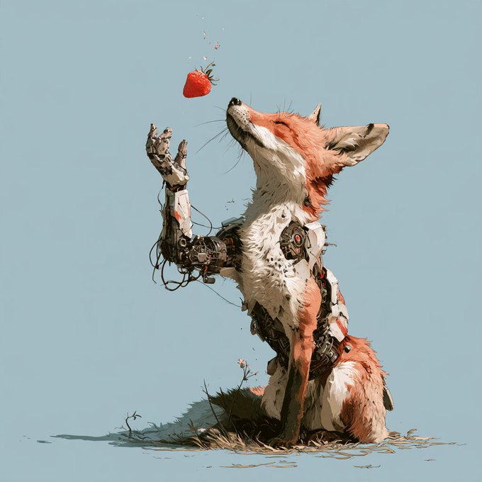 A stylized illustration shows a robotic fox sitting on grass and reaching up toward a red strawberry, with exposed mechanical parts and wires visible in one arm and torso.