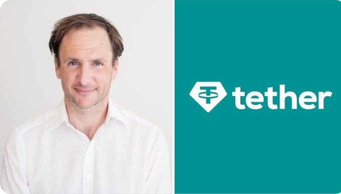 The image shows a headshot of a man in a white shirt alongside the teal Tether logo. It relates to the accompanying post by visually representing Richard Heathcote, Tether's former CIO, who is reportedly seeking buyers for his 1.26% stake in the company.