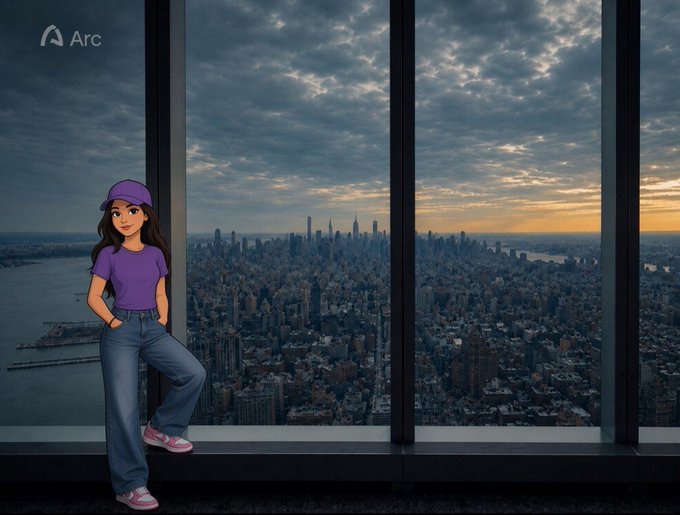 An Arc browser-themed image showing a cartoon girl in purple shirt, jeans, and cap standing in front of floor-to-ceiling windows overlooking a city skyline (appears to be New York) at sunset.