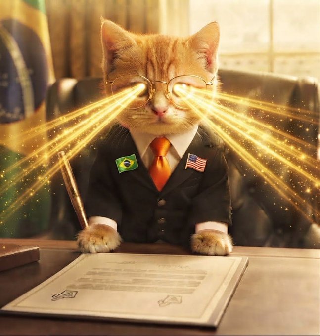 AI-generated image of a ginger cat in a suit and tie wearing glasses that shoot beams of light, with Brazil and US flag pins, sitting at a desk signing documents.