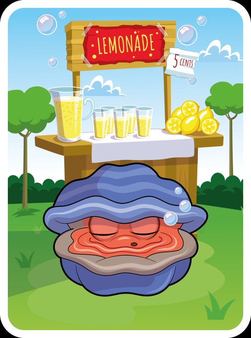 A cartoon illustration of a clam character with a blue shell sitting in front of a wooden lemonade stand, complete with a pitcher, glasses, fresh lemons, and a '5 CENTS' sign.