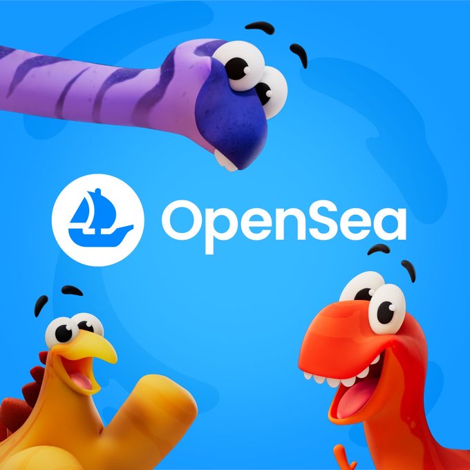 A promotional graphic for OpenSea featuring the platform's logo surrounded by three colorful cartoon creatures against a blue background.
