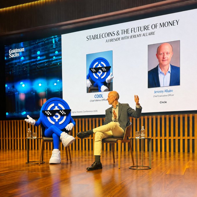 A fireside chat at a Digital Assets Conference 2026 titled 'STABLECOINS & THE FUTURE OF MONEY' featuring 'COOL' (Chief Meme Officer) and Jeremy Allaire (CEO of Circle), with Goldman Sachs branding on the left.