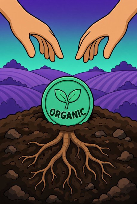 An illustration showing two hands reaching toward each other above purple rolling hills, with a green 'ORGANIC' sprout logo growing from soil and roots below.