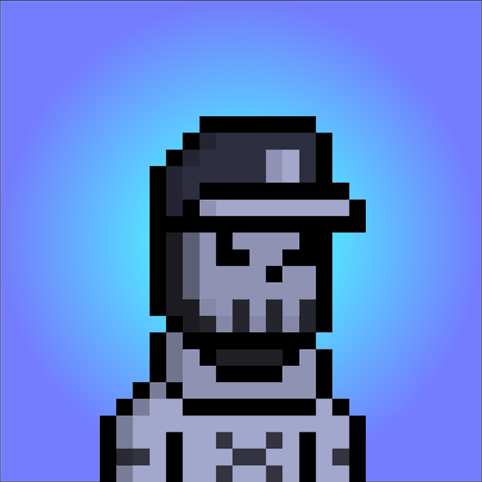 A pixel art portrait of a stern-looking figure wearing a cap against a glowing blue background.