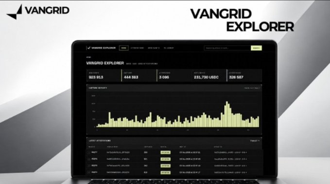 A black laptop displays the VANGRID EXPLORER cryptocurrency dashboard, with charts, transaction tables, and visible labels such as “VANGRID EXPLORER” and “VANGRID.”