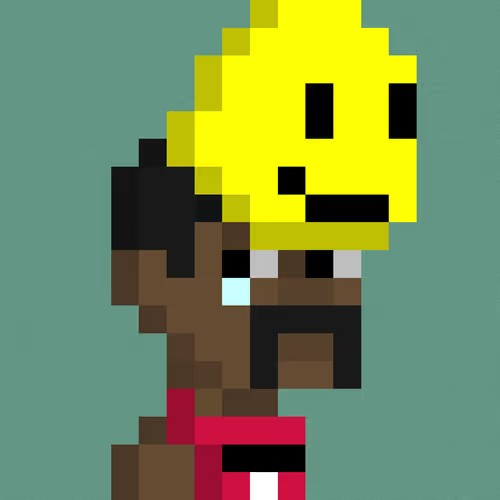 Pixel art character with a yellow head, brown body, and red shorts standing against a teal background.