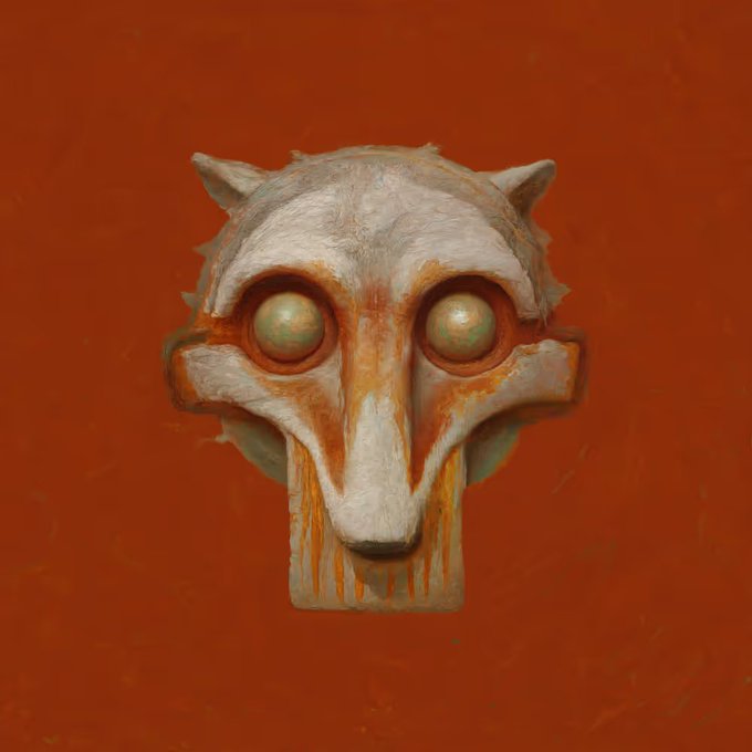 A 3D rendering of a weathered, skull-like mask with pointed ears and large round eyes against a solid reddish-orange background.