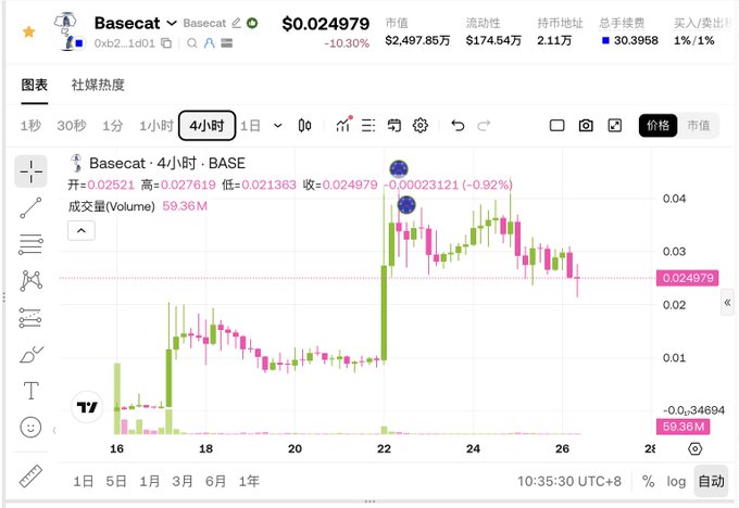 A cryptocurrency price chart for the token 'Basecat' showing a current price of $0.024979 with a -10.30% change, displayed as a candlestick chart on the 4-hour timeframe.