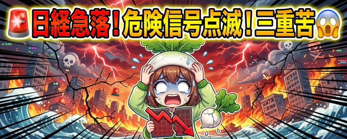 A shocked cartoon character in a radish hat clutches their head amid a chaotic scene of crashing buildings, flames, and lightning, with red downward arrows symbolizing market decline. The banner reads "日経急落！危険信号点灯！三重苦😱" (Nikkei plunges! Danger signal lit! Triple trouble!), visually reinforcing the post's report of a 420-yen drop in Nikkei futures to 66,070 alongside broader market downturns.
