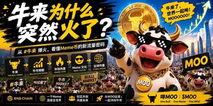 A promotional poster for 'BULL MOO' (哞MOO/SMOO) meme cryptocurrency featuring a cartoon cow wearing sunglasses and a 'MOO' medallion, with Chinese text about a bull market coming and BNB Chain branding.