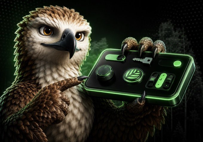 A fierce-looking hawk grips a glowing green control panel with various dials and buttons, set against a dark, tech-inspired background—symbolizing the power and innovation behind building in Web3. The imagery aligns with the post's message about taking action ("don't just scroll") and using @CNPYNetwork's AI-powered platform to launch sovereign blockchains with ease.