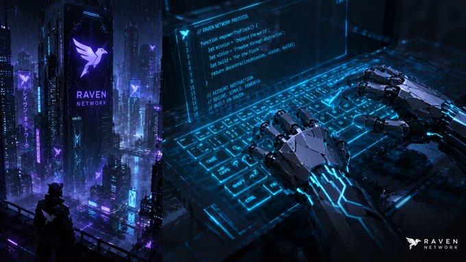 A cyberpunk-style image shows the "RAVEN NETWORK" logo on a skyscraper and a robotic hand typing on a glowing holographic keyboard with code labeled "RAVEN NETWORK PROTOCOL." The futuristic, tech-driven visual reinforces the post's message about building the next wave of Web3 infrastructure, symbolizing how advanced blockchain systems like TON are being engineered to make decentralized technology accessible and seamless for mass adoption.