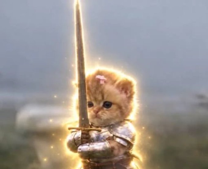 A small orange kitten wearing shining armor stands heroically while holding up a glowing sword, emanating a golden aura—a fitting mascot for the "$swordcat" rallying cry of resilience and perseverance. The feline warrior embodies the post's message of steadfast strength and readiness to keep fighting.