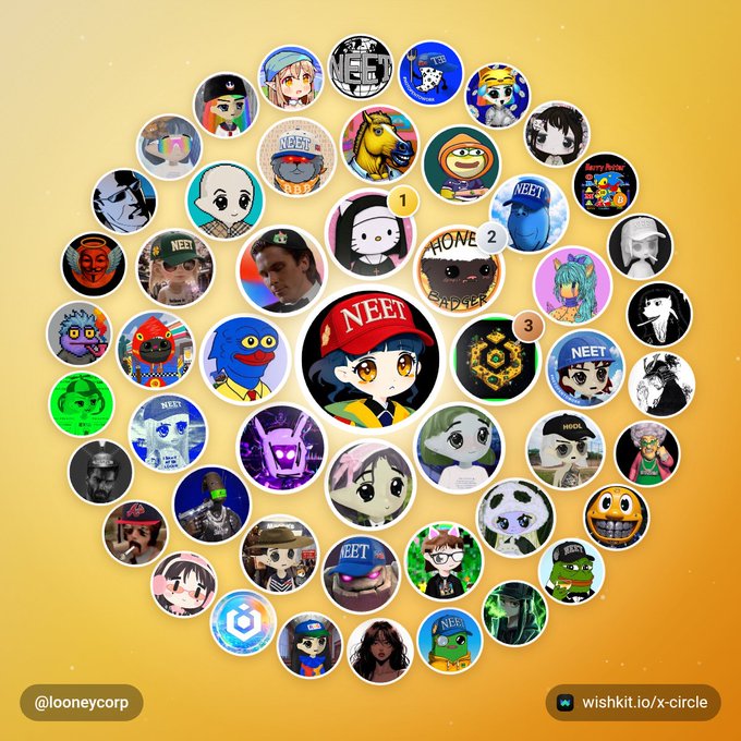 A wishlist collection image by @looneycorp with dozens of circular character avatars arranged in a spiral pattern on a yellow background, featuring various cartoon/anime characters and NFT profile pictures.