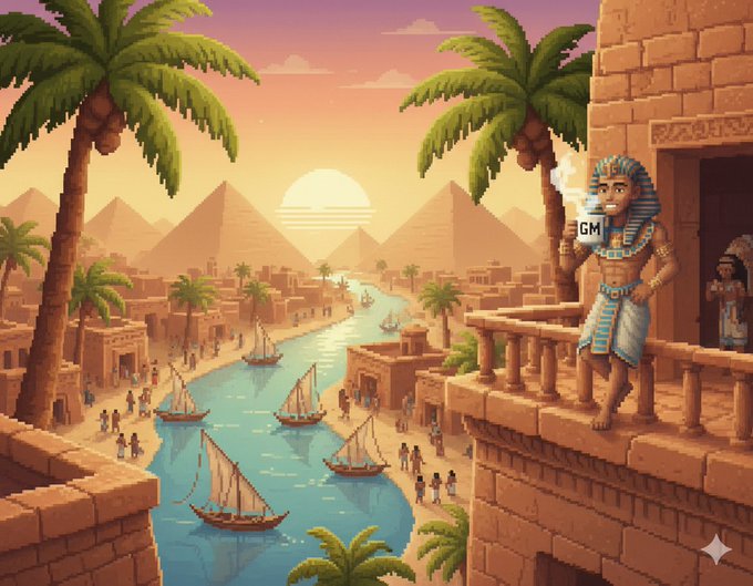 Pixel art illustration of an ancient Egyptian scene with pyramids, a river with sailboats, palm trees, and a pharaoh character wearing a 'GM' hat.