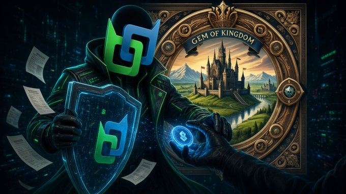 A digital graphic advertises 'GEM OF KINGDOM' with an ornate circular emblem showing a fantasy castle landscape. On the left, a hooded figure holds a shield bearing a green and blue 'G' logo, reaching out to take a glowing token from another hand.