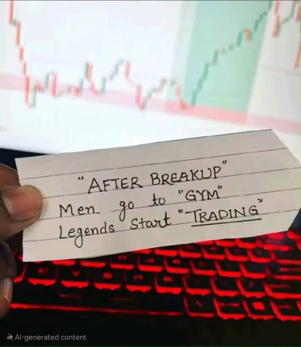 A hand holds a note that reads "After Breakup Men go to 'Gym' Legends Start 'Trading'," with a red-lit keyboard and a stock chart visible in the background.