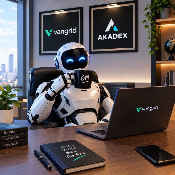 A white humanoid robot sits at a desk holding a mug labeled 'G/M', with a laptop bearing the 'Vangrid' logo; framed 'vangrid' and 'AKADEX' logos hang on the wall behind it.