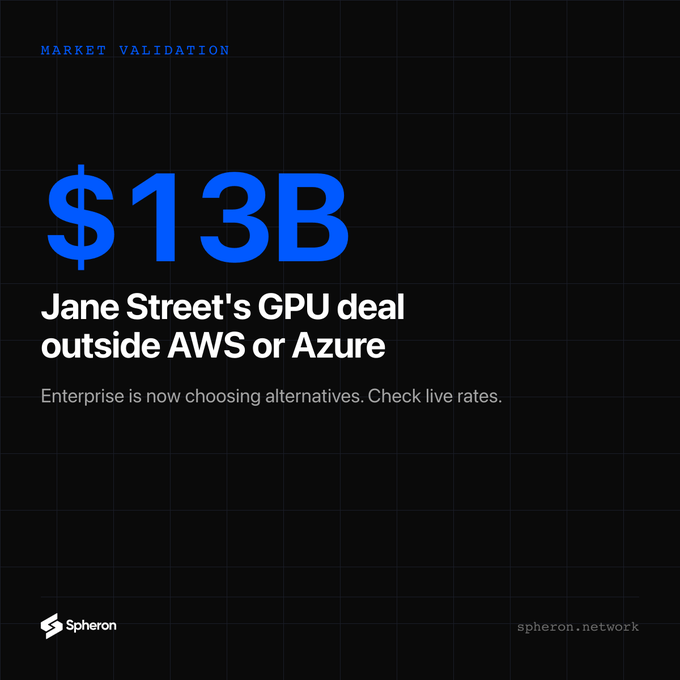 A dark promotional graphic with blue text reading '$13B / Jane Street's GPU deal outside AWS or Azure / Enterprise is now choosing alternatives. Check live rates.' branded 'Spheron' (spheron.network).