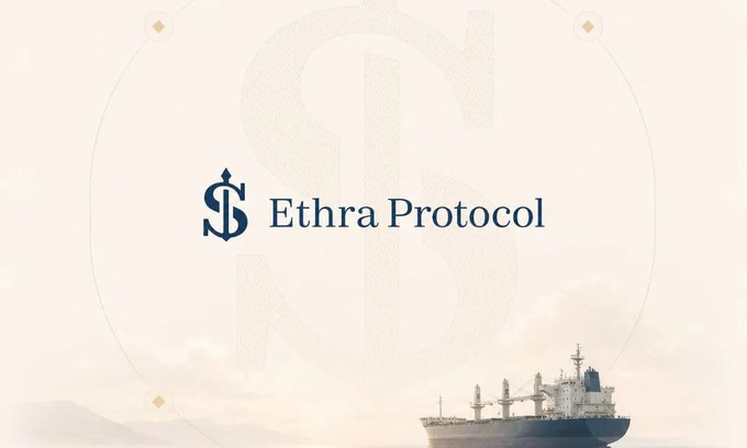A minimalist graphic features the text 'Ethra Protocol' with a dollar sign logo next to it, a large faded '$' in the background, and an image of a cargo ship in the bottom right.