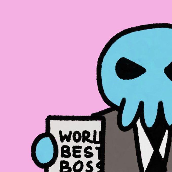 A cartoon illustration on a pink background showing a blue skull-headed character in a black suit holding a white sign that reads 'WORL BEST BOSS' (World's Best Boss).