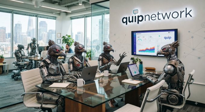 A surreal image of four robotic bird-like creatures sitting around a conference table in an office with the 'quipnetwork' logo on the wall and a city view through the windows.