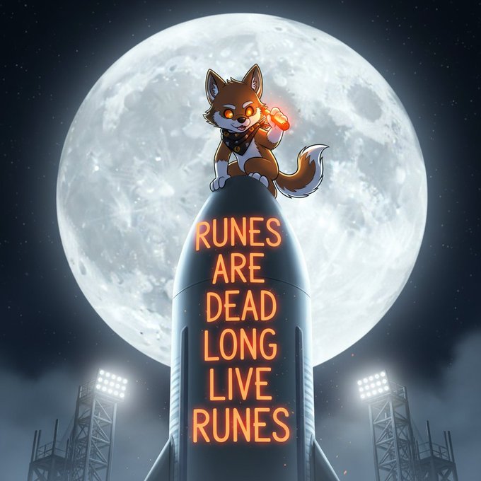 The image features a cartoon cat sitting atop a rocket ship, with the caption "Long live RUNES!" written below it. This suggests that the cat might be associated with or represent the Runes brand, which could potentially be related to rockets or space exploration in some way.