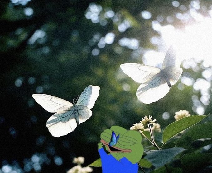 A whimsical edited photo showing two white butterflies in a garden, with a cartoon frog character holding a small blue butterfly at the bottom.