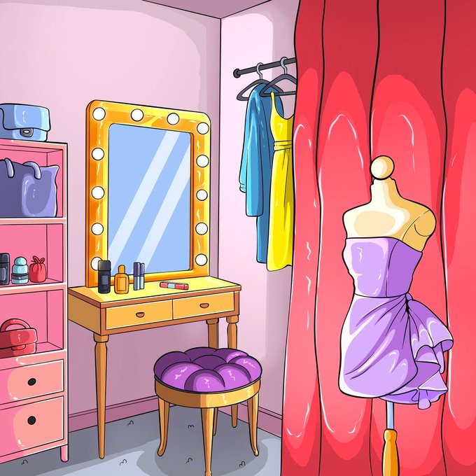 A cartoon-style illustration of a dressing room features a vanity mirror with lights, makeup products, a stool, a clothing rack, and a mannequin wearing a purple dress.