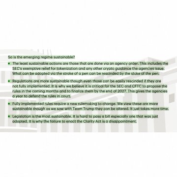 The image is a slide titled "So is the emerging regime sustainable?" which discusses the sustainability of crypto regulations being implemented via agency orders, noting that the least sustainable actions are those done via agency order, while fully implemented rules are the most sustainable. It references the SEC and CFTC, the Clarity Act, and a year to defend rules in court, supporting the post's point that agency actions are easier to reverse than legislation.