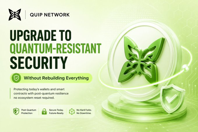 The image features a green butterfly design with the text "Upgrade To Quantum-Resistant Security" written above it, along with a shield and a coin. The background of the image is white with black text that reads "QUIP Network".