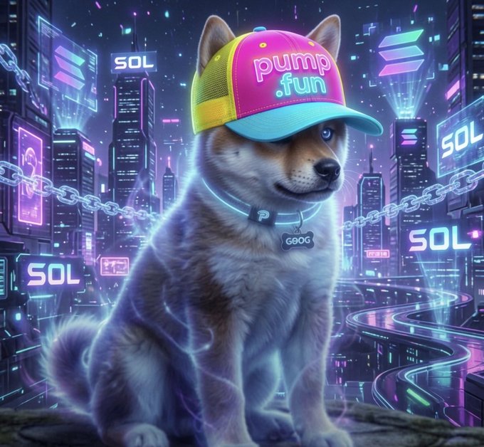 A Shiba Inu dog wearing a colorful 'pump.fun' cap with the ticker 'GOOG' on its collar, sitting in a cyberpunk cityscape with 'SOL' logos on neon-lit skyscrapers and chains in the background.
