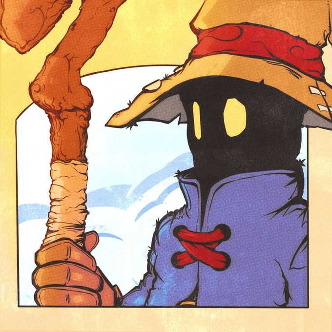 A digital illustration of a shadowy, cloaked figure with glowing yellow eyes, wearing a tattered red-trimmed straw hat and a purple coat, holding a wooden staff.