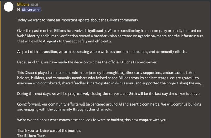 The text displays a message from Billions Network, which has been shut down since launch. The image features a list of people who were part of the initial community that supported the project; however, those individuals have left the network due to its poor performance in various aspects. It shows that despite their efforts and resources put into this project, it ultimately failed and lost its community support.