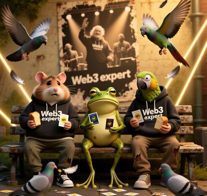 An AI-generated image of a mouse, frog, and parrot on a bench wearing 'Web3 expert' hoodies, surrounded by pigeons in front of a concert poster backdrop.