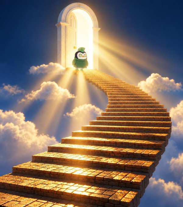 A cartoon penguin-like character in a green hoodie stands atop a glowing golden staircase in the clouds, ascending toward a radiant doorway emitting bright heavenly light—symbolizing perseverance and progress as the caption "Gm just a few more steps" encourages continued effort toward a goal.