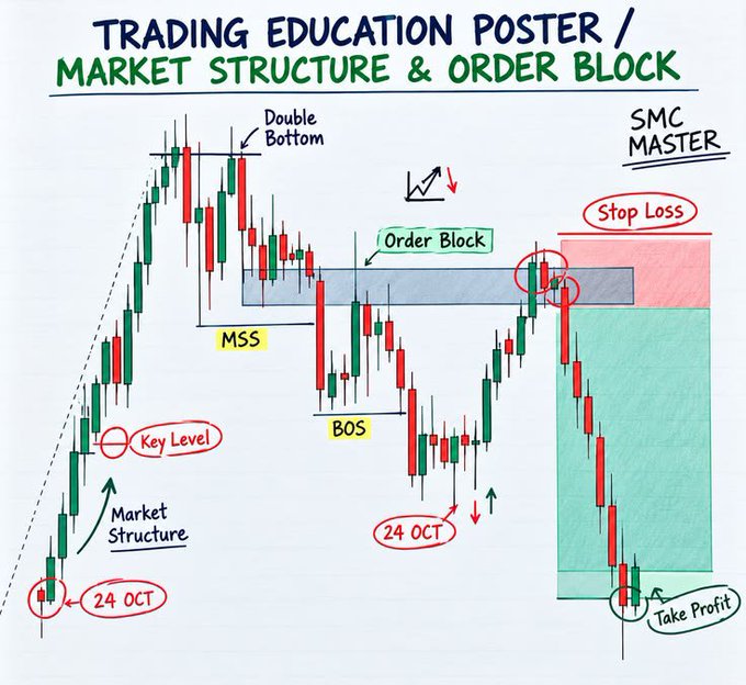 A hand-drawn educational poster titled 'TRADING EDUCATION POSTER / MARKET STRUCTURE & ORDER BLOCK' by SMC MASTER, illustrating candlestick chart patterns labeled with terms like 'Double Bottom', 'Key Level', 'Market Structure', 'MSS', 'BOS', 'Order Block', 'Stop Loss', and 'Take Profit'.