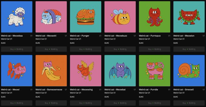 A grid of twelve colorful, pixelated "Weird Cat V1" NFT characters—including Meowobaa, Meowshi, Purrger, Meowbuzz, Purrrpus, Meowow, Meowwi, Bamoomeoww, Meowwing, Meowbat, Purrrdle, and Smeowll—each listed for 10.00 tz on the SUKI marketplace. The image visually showcases the 1/1 editions being sold on objkt, matching the post's announcement of the quirky collection.
