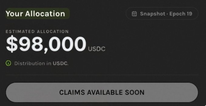 A screenshot of the $GRASS Season 2 airdrop dashboard displays an "Estimated Allocation" of $98,000 USDC under "Snapshot · Epoch 19," with a "CLAIMS AVAILABLE SOON" button at the bottom, illustrating the headline airdrop amount referenced in the post.