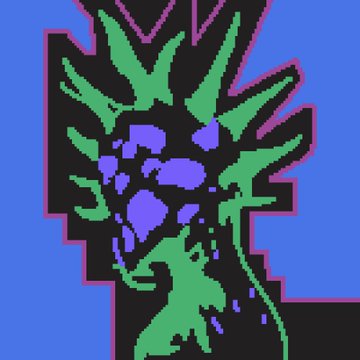 A stylized graphic artwork featuring a green and black profile of a face with a feathered headdress set against a solid blue background.