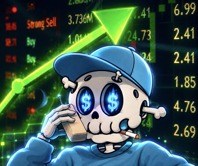 A digital illustration of a skeleton character wearing a blue cap and hoodie, with glowing dollar signs in its eyes, smoking a cigarette while holding a phone against a backdrop of stock market data including 'Strong Sell' and 'Buy' indicators.