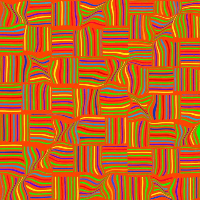 An abstract digital pattern consisting of woven, multicolored squares with wavy lines in red, yellow, green, and blue.