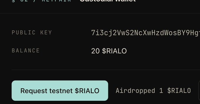 A screenshot of the RialoHQ Custodial Wallet interface displaying a public key, a balance of 20 $RIALO tokens, and a "Request testnet $RIALO" button alongside an "Airdropped 1 $RIALO" notification, illustrating the free testnet token claim step in the Rialo Points program.