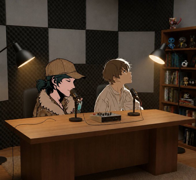 An animated illustration depicts two hosts recording a podcast at a wooden desk equipped with microphones and an audio mixer, set in a soundproof studio with foam panels, floor lamps, and a bookshelf. The image visually represents the podcast session with guest Tenacious Ar, complementing the post's mention of hosting NFT content creators on the show.