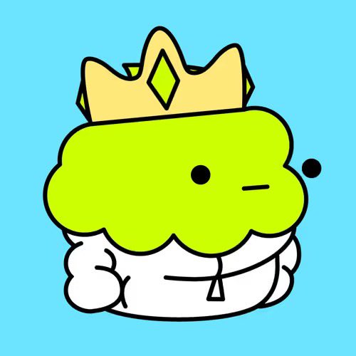 A simple cartoon illustration of a white, cloud-like character wearing a yellow crown with a green gem, standing against a solid light blue background.