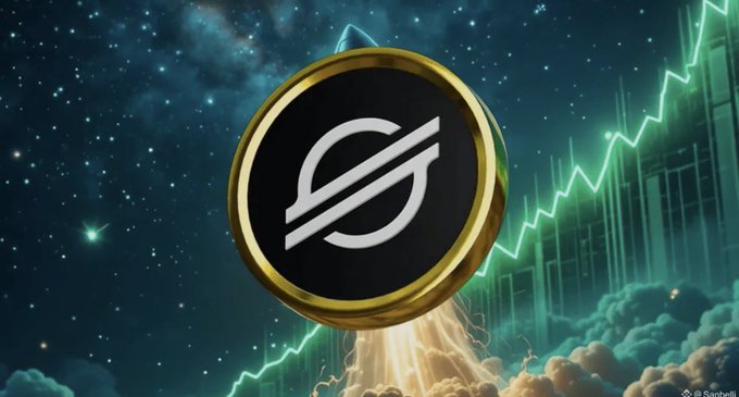 A glowing Stellar (XLM) cryptocurrency coin soars through a starry sky alongside an ascending green price chart, symbolizing the rapid rise and global momentum of digital finance. The watermark "@Sarohelli" is visible in the bottom right corner, complementing the post's message about XLM's instant speed and future-ready financial network.
