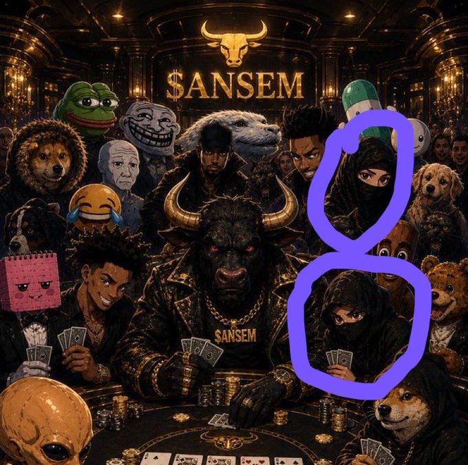 This image depicts a poker game with various meme characters, a bull with "$SANSEM" on its jacket, and two figures circled in purple. The "$SANSEM" text and meme characters likely relate to Solana culture and NFTs like Niqadys, as mentioned in the accompanying post.