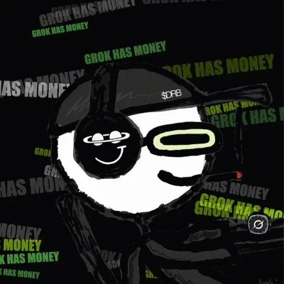 A stylized illustration of a character wearing a black cap and sunglasses, with a smiley face ball graphic on one eye, overlaid with repeating green text reading 'GROK HAS MONEY'.