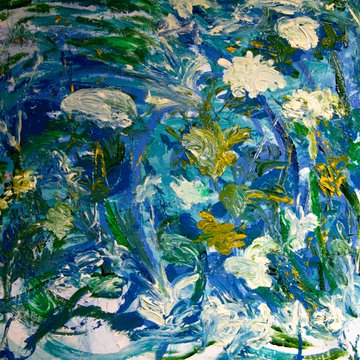 An abstract painting with vibrant blue, green, white, and gold brushstrokes creating a textured, impressionistic composition.